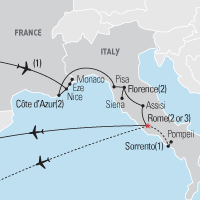 Map of Cote d'Azur, Florence, & Rome Educational Tour