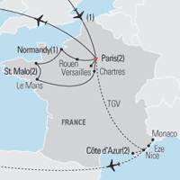 Map of Paris, Brittany & Normandy Educational Tour 