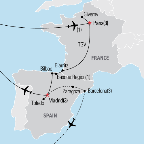 Map of the Art of France and Spain Educational Tour