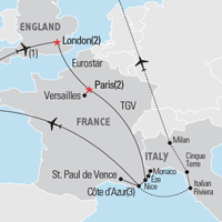 Map of London, Paris, & the Cote d'Azur Educational Tour