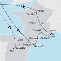 Map of Paris, the Cote d'Azur and Barcelona Educational Tour 