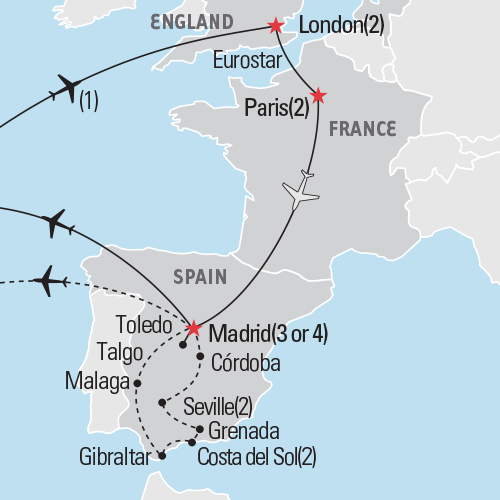 Map of the London, Paris & Madrid tour